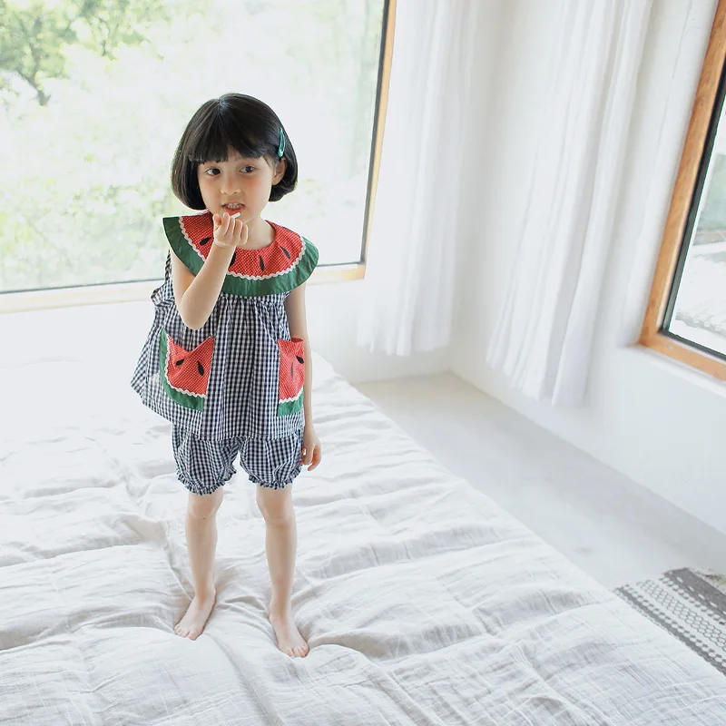 Костюм для девочек с арбузным воротником клетчатая куртка шортами летняя одежда