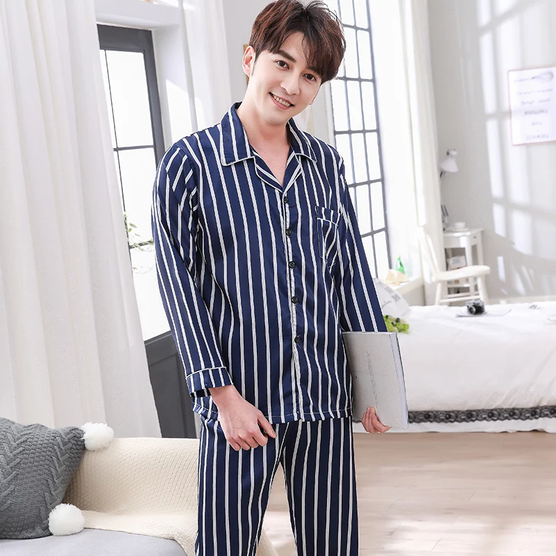 2019 Spring Striped Men's Pajamas Long Sleeve 2 Pcs Home Suit Male Satin Nightwear Silk Casual Sleepwear Pyjama Homme 3XL | Мужская
