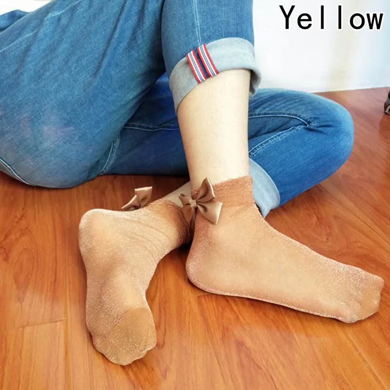 7 цветов милые носки с бантиком в стиле Харадзюку блестящая сетчатая шелковая