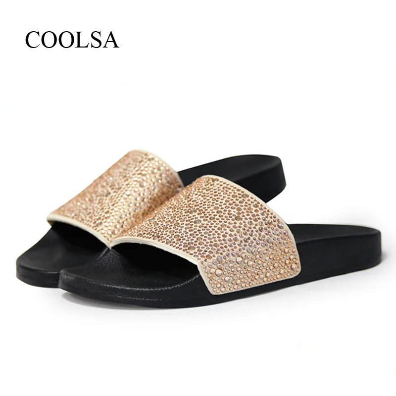 Champagne COOLSA/Женские однотонные плоские стразы шикарные Тапочки женские нескользящие комнатные тапочки с кристаллами пляжные вьетнамки, женские шлепанцы - Цвет: Champagne