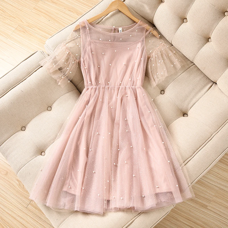 Летнее платье 2019 милое Стильное женское элегантное Бисероплетение сетка