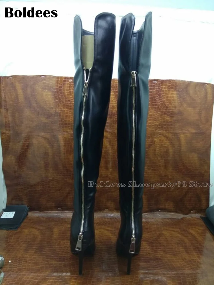 Fashion Model Show Back Long Gold Zipper Designer Over The knee Boots Women Pointed Toe Sexy Thigh High Long Boot