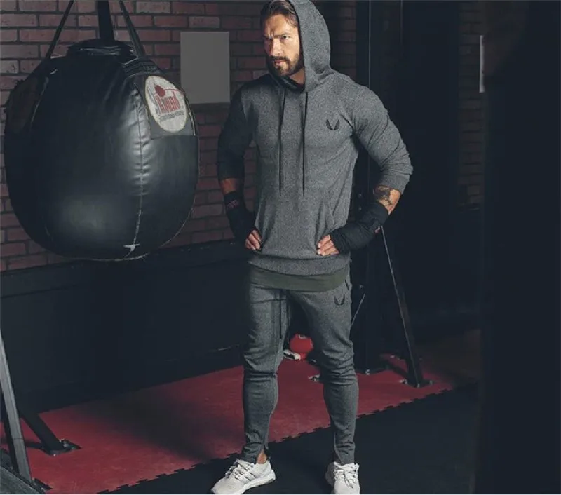 Модные для мужчин тренажерные залы Твердые цвета Hoodies Осень Зима Повседневное фитнес уличная хип хоп костюмы пуловер Кофты