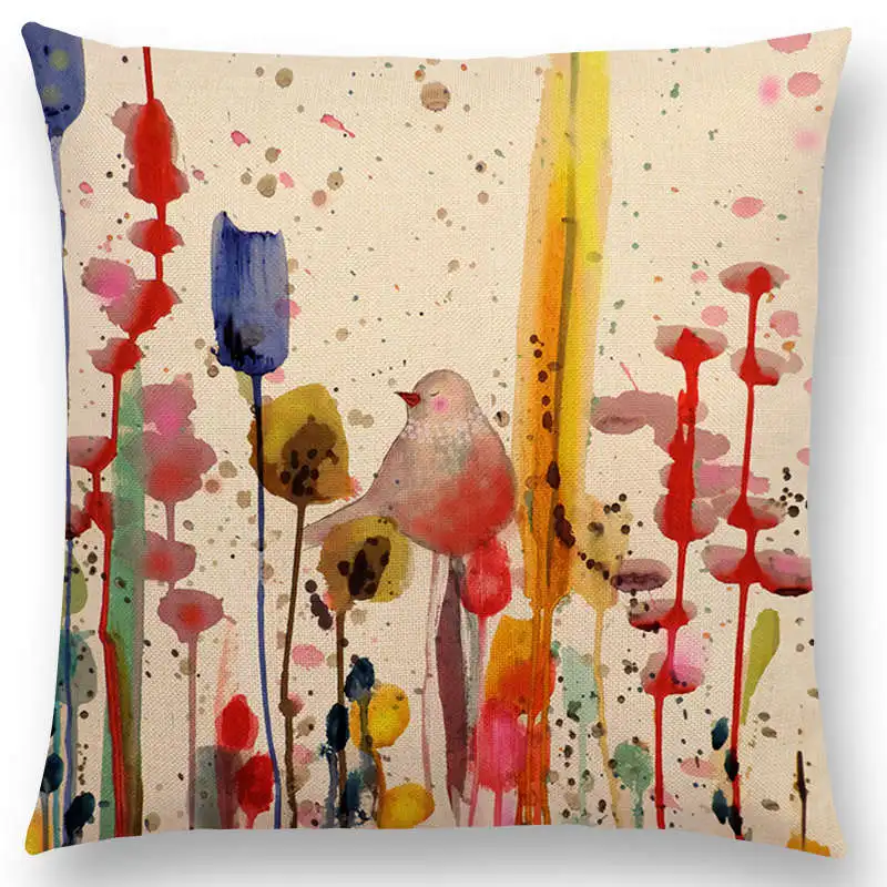 New Lovely Watercolor Little Birds Cute Colorful Flowers Clusters Warm Floral Woods Happy Life Cushion Cover Pillow Case | Дом и сад