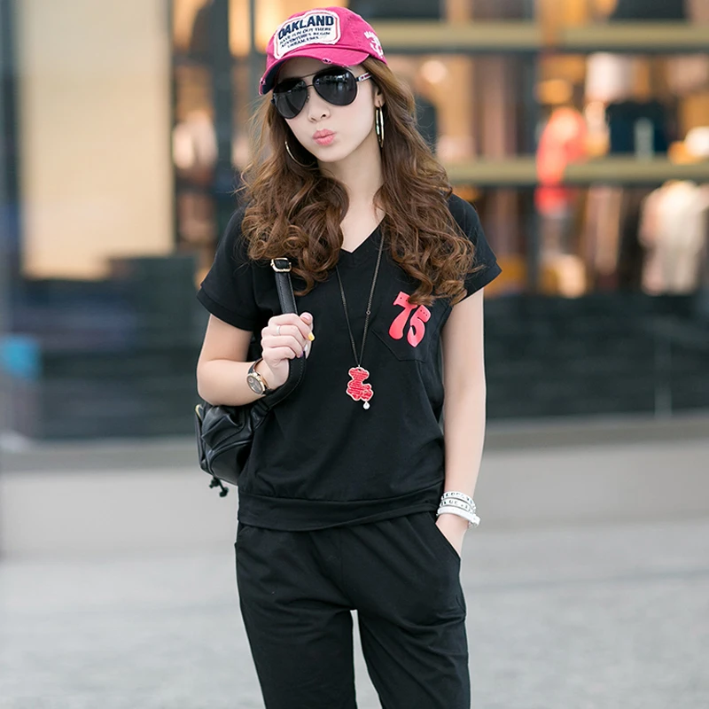 

RLYAEIZ 17 Colors 2017 Summer Casual Tracksuits Women 2 Piece Set V Neck Tops + Pants New Arrival Short Sleeve Sporting Suits