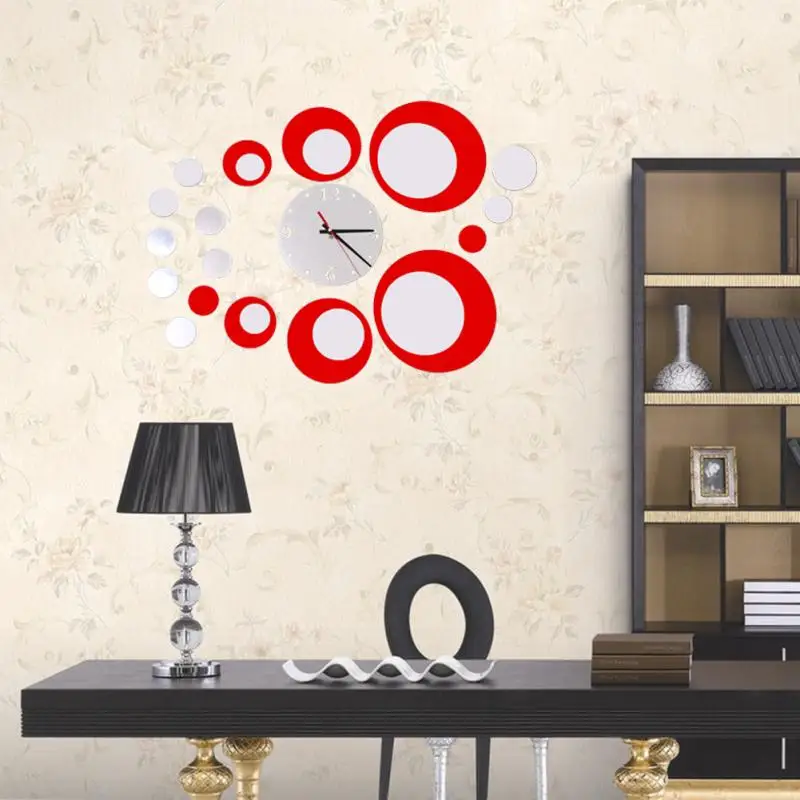 3d красный раундов crystal зеркало настенные часы стикер домашнего декора гостиной diy