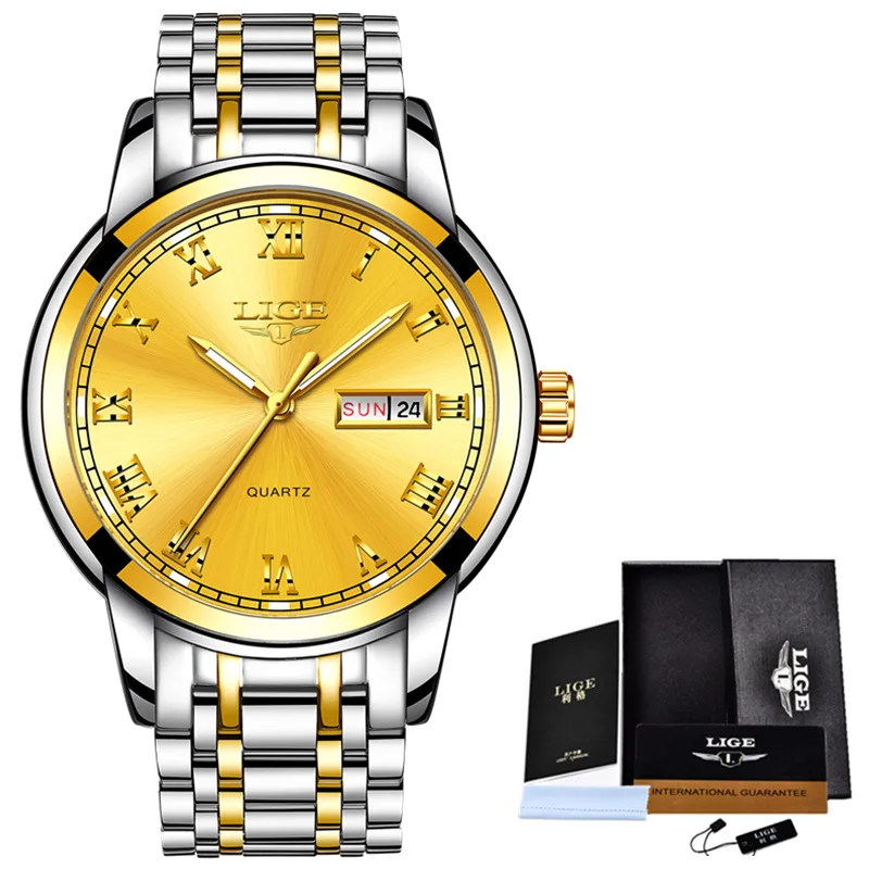 Steel Gold LIGE часы мужские модные спортивные Кварцевые полностью стальные золотые деловые мужские s часы Лидирующий бренд Роскошные водонепроницаемые часы Relogio Masculino - Цвет: Steel Gold