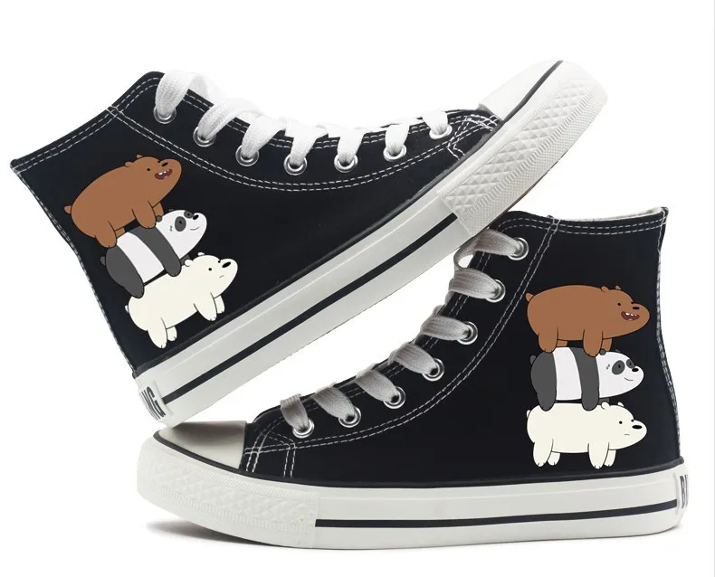 CN We Bare Bears/парусиновые туфли с принтом медведя из мультфильма для мужчин, женщин, мальчиков и девочек, унисекс, высокие парусиновые туфли на плоской подошве черного и белого цвета