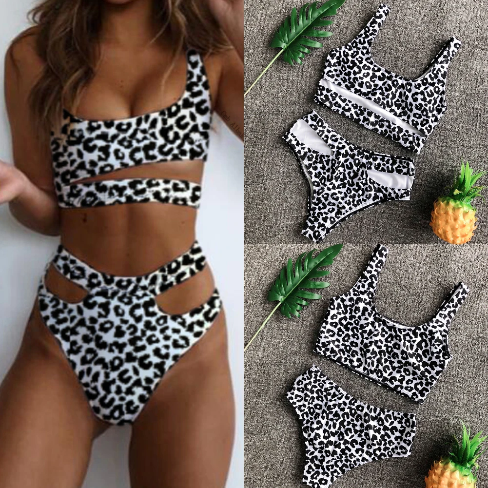 Женский комплект бикини с леопардовым принтом высокой талией пуш ап мягкий