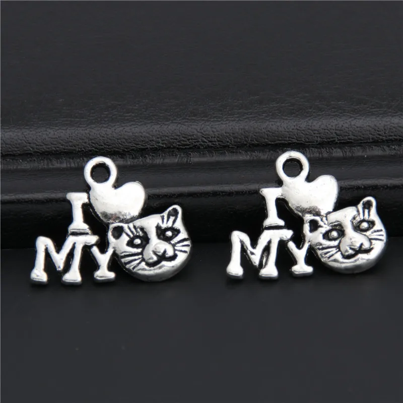 

40pcs Silver Color I Love Cat Charms Pendant For Jewelry Making Bracelet Accessories DIY Handmade A2955