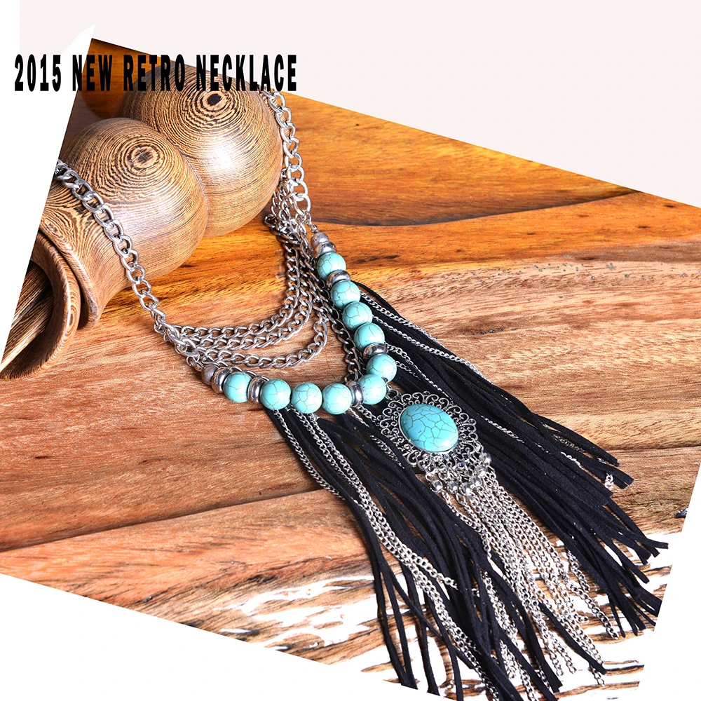 Ожерелье в стиле бохо винтажное серебряное драматическое длинное из замши с