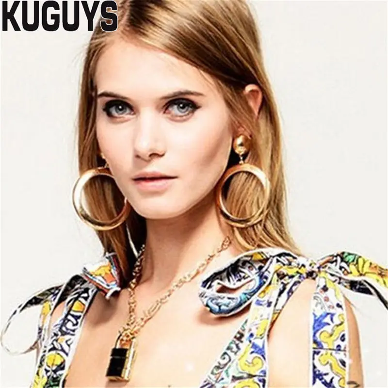 KUGUYS Мода Meatl Золотые круглые серьги для женщин модные ювелирные изделия Гипербола золото большие висячие серьги подарок вечерние аксессуары