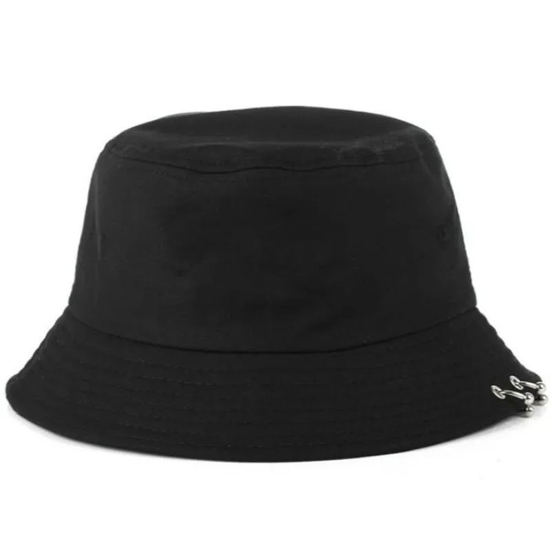 which in shower unisex cotton iron ring bucket hat hip hop casual women plain fishing hat wide brim solid summer men cap panama - Цвет: Черный