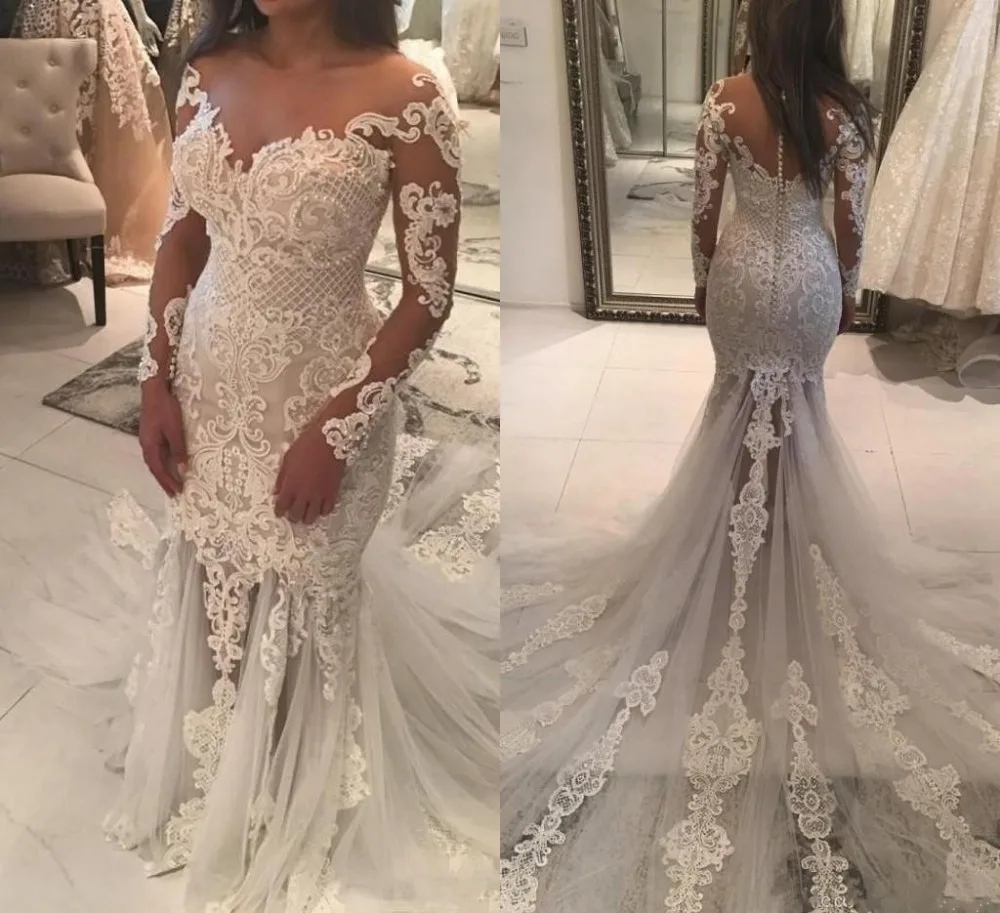 New Mermaid Wedding Dresses Sheer Neckline Lace Appliques Beaded Illusion Long Sleeve See Through Tulle Train Bridal Gowns | Свадьбы и
