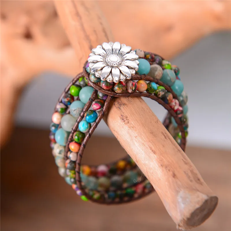 

Natural Stone Women Boho Three Layer Bracelet Round Shape Emperor Stone Single Leather Wrap Bracelet Friendship Beaded Bracelet