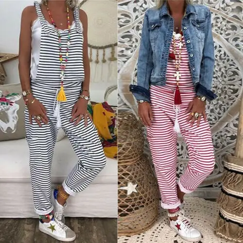 

Women Sleeveless Loose Jumpsuit Overall Summer Sleeveless Casual Striped Romper Plus Size