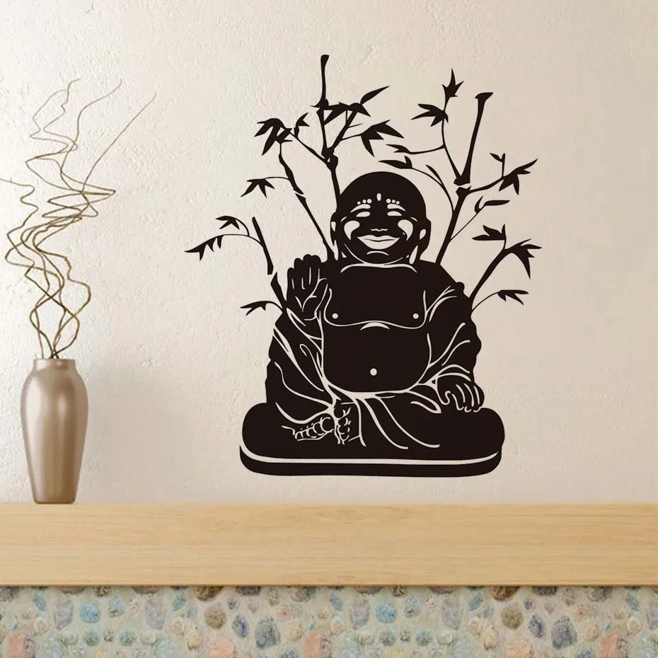 

Buddhism Bamboo Background Smile Buddha Wall Sticker For Living Room Self Adhesive Removable Wall Decals Home Decoration