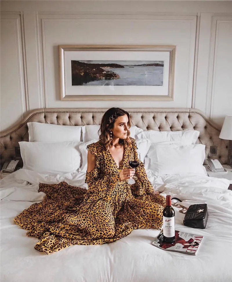 Роскошное дизайнерское Брендовое платье для женщин, подиумное сексуальное шифоновое платье с v-образным вырезом и вырезами с леопардовым принтом