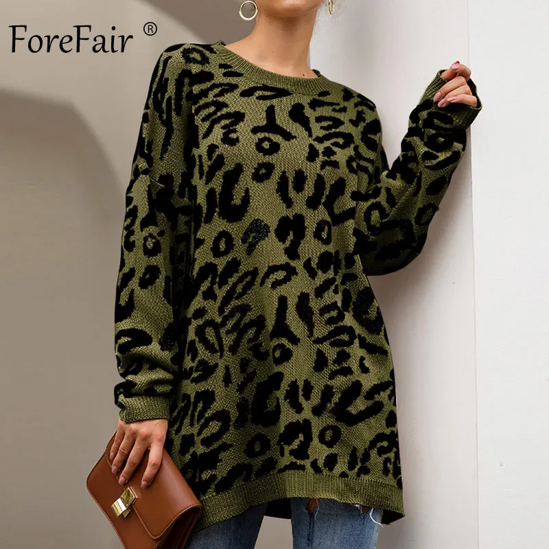 Army Green Sweater Forefair, Леопардовый Повседневный свитер выше размера, женский, осень, зимний, вязаный, с животным принтом, размера плюс, свободный, длинный, женский свитер - Цвет: Army Green Sweater