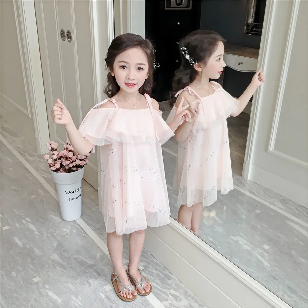 Everweekend Ins Girls Party Sequin Tulle Western Fashion Ruffles Clothes Candy Pink Halter Off Shoulder New Summer Kids Dress | Детская