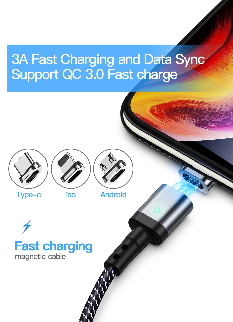 Магнитный кабель для iphone осветительного магнитная зарядка кабеля Micro USB C кабель Тип C Быстрая Зарядка адаптер Micro usb type-C магнитное зарядное устройство