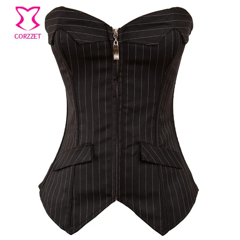 Женский офисный корсет без бретелек черное готическое платье в полоску с молнией