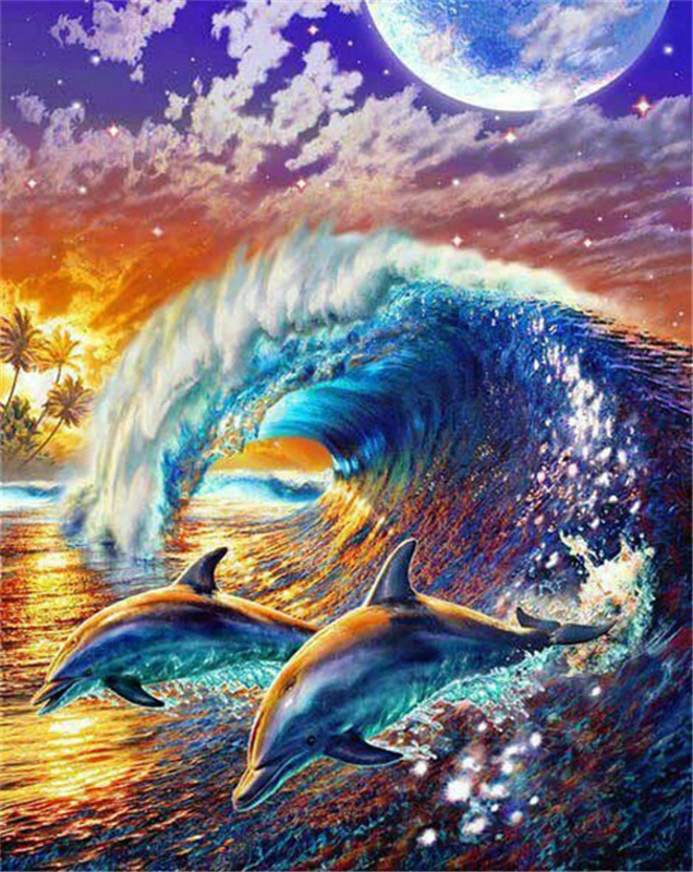 Onda golfinho 5D Diy Pintura Diamante Paisagem Rock cheça Cheia vestido 3D Foto Mosaico Casa decorar Presente | Дом и сад