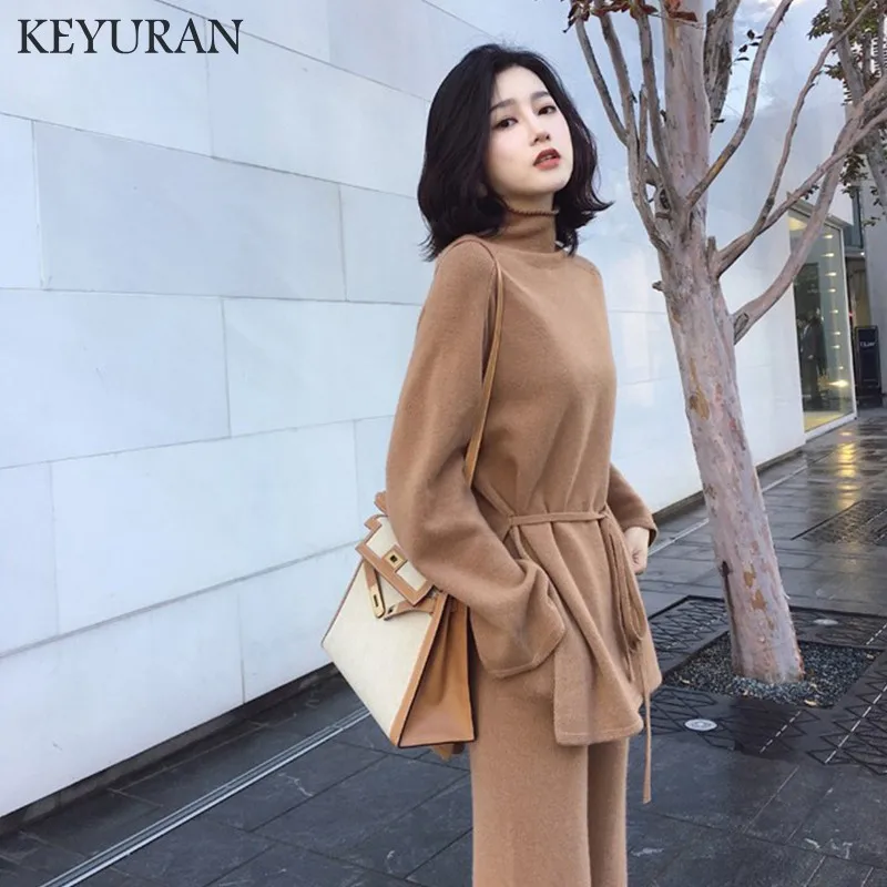 Camel color Женский костюм, комплект из 2 предметов, новинка, Осень-зима, кашемировый вязаный свитер с высоким воротом, женские Топы+ широкие штаны, комплект из двух предметов для женщин - Цвет: Camel color