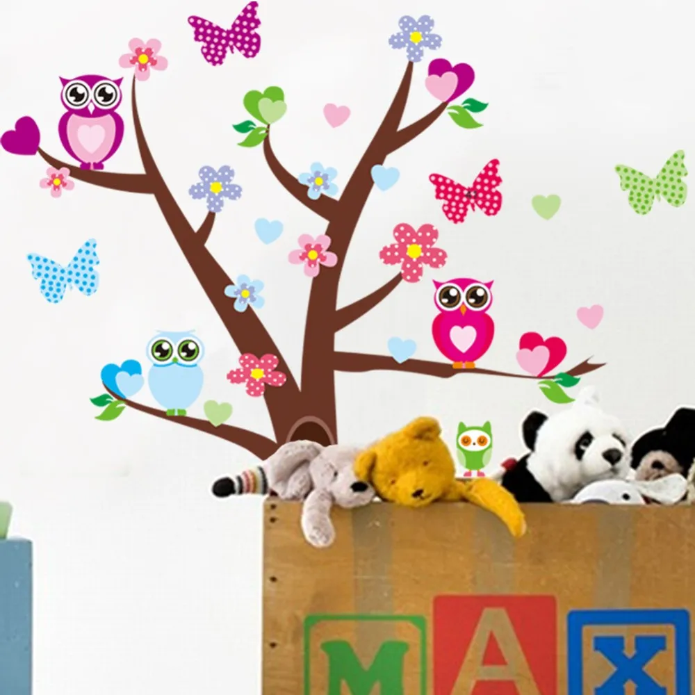 Мультфильм лес Сова Цветок Дерево Птицы настенные Стикеры для украшения дома и