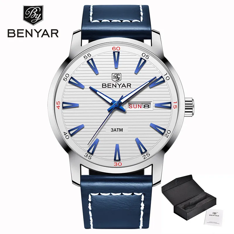 Silver L Blue Новые мужские часы Топ бренд класса люкс BENYAR кварцевые наручные часы мужские модные повседневные кожаные часы Reloj Hombre светящиеся военные часы - Цвет: Silver L Blue