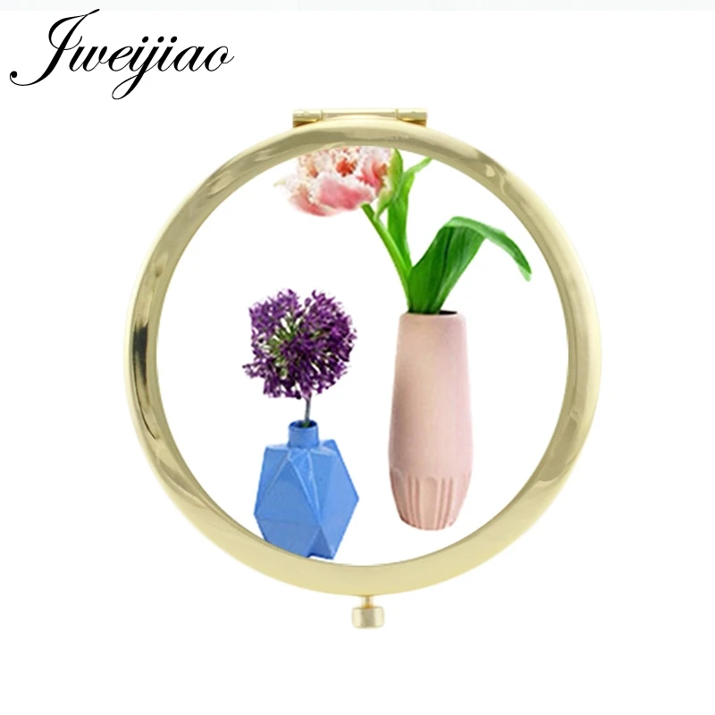 

JWEIJIAO Sketch cartoon flowers pocket mirror for girls Gift Lavender Gold Plated Metal Mini make up mirror FS28