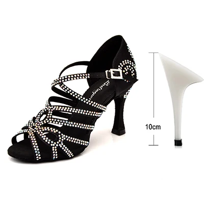 Black 10cm Ladingwu/Новое поступление; туфли для латинских танцев; черные атласные женские туфли для бальных танцев со стразами; Каблук 9 см - Цвет: Black 10cm
