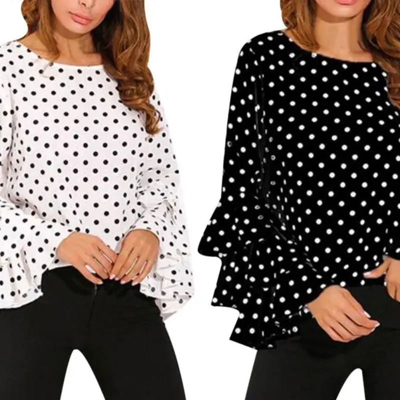 

ROPALIA Summer Women Plus size Polka Dot Blouses Vintage Blusa Chiffon Blouse Shirt Office Ruffles Flare sleeve O-Neck Tops