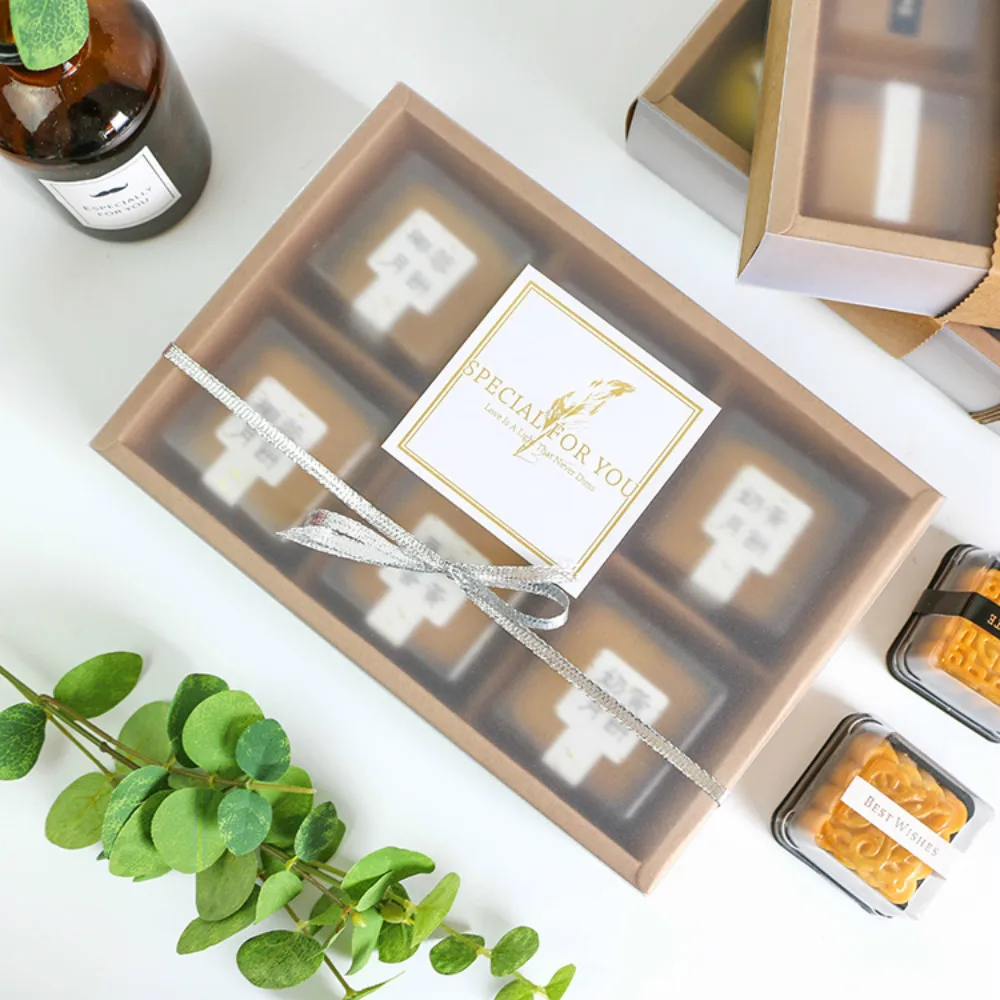 6 полости крафт-бумаги коробки тип ящика полупрозрачная крышка For50G 80G Mooncake яйцо слойка подарочные упаковочные принадлежности 10 шт