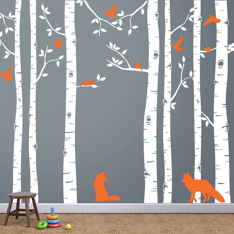 Виниловые обои различных цветов с изображением лисы и березы большие размеры