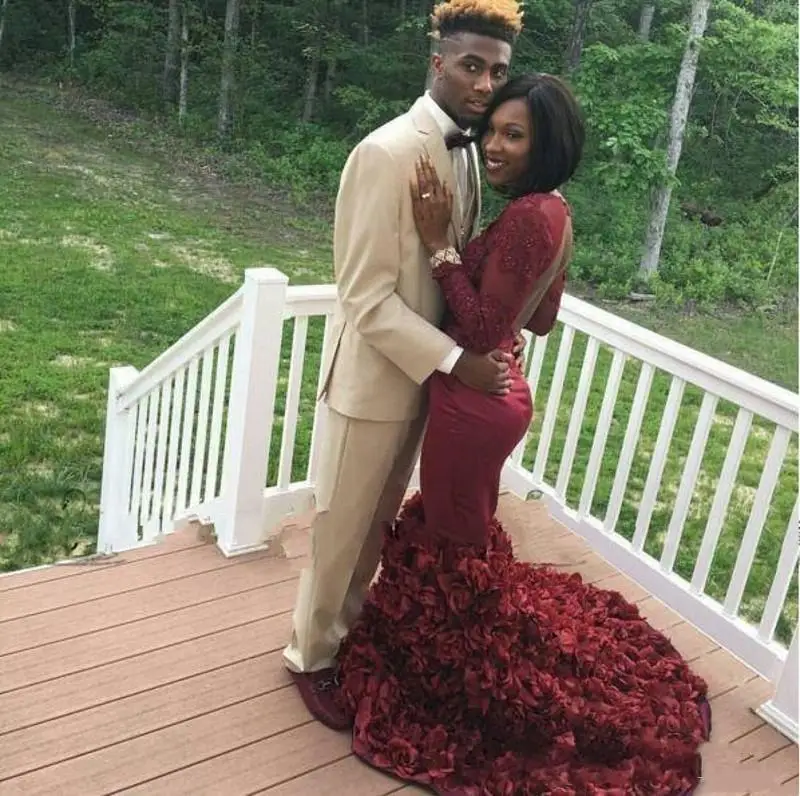 Backless Mermaid Prom Dress Burgundy Long Sleeves Flowers Lace Sexy African Black Girls Formal Evening Party Gown Robe De Soiree