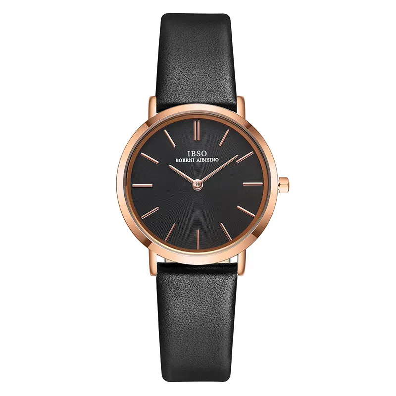 Black Rose Gold IBSO женские наручные часы ультра-тонкие кварцевые Простые повседневные женские часы Montre Femme с кожаным ремешком часы Relogio Feminino - Цвет: Black Rose Gold