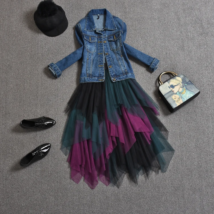 2018 Весенняя Новинка джинсовая куртка верхняя юбка из сетки костюм Женская