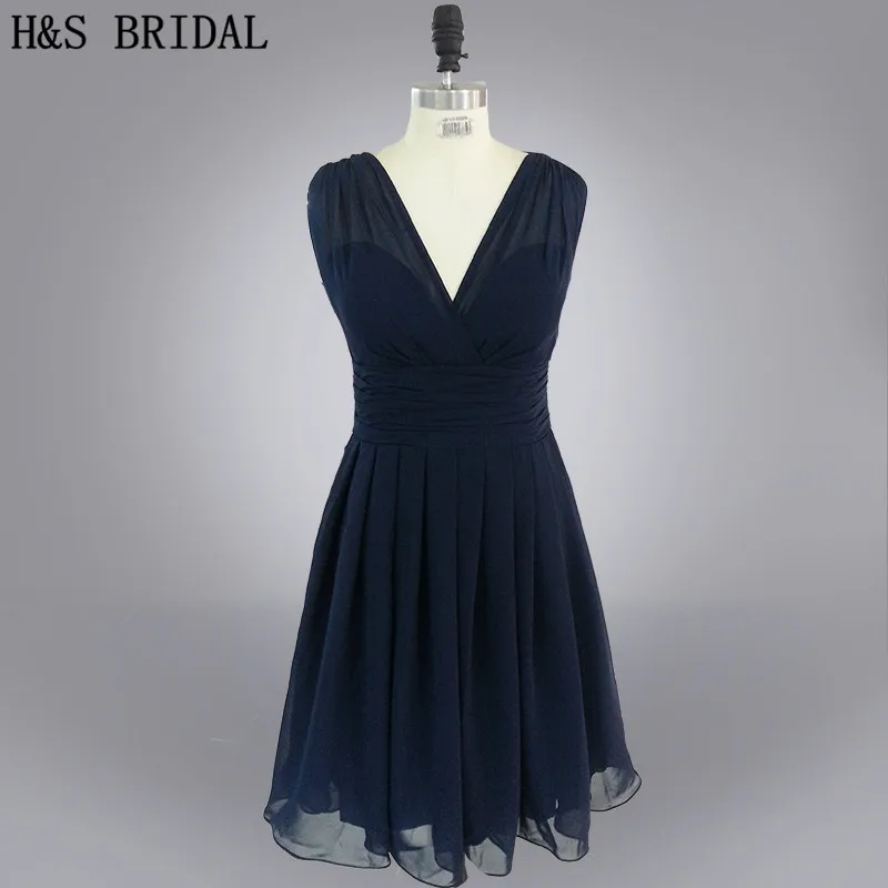

Real Model V Neck Pleated Backless Tank short navy blue chiffon short bridesmaid dress 2015