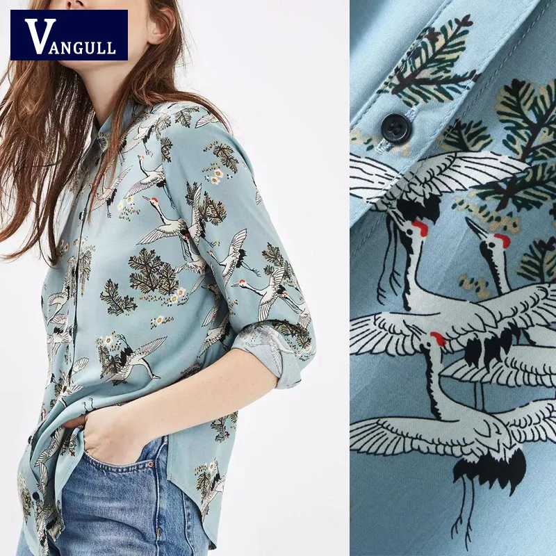 Crowned crane blouse women tops swan birds print shirt blouses 2018 new long sleeve shirts sky color chemise femme blusa |