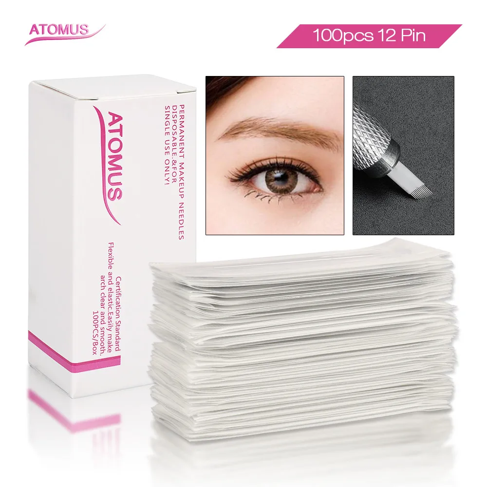 

100pcs 12 Pins Permanent Makeup Eyebrow Tattoo Needles Blade Microshading 3D Agulha Microblading Lamina Blade Agulhas Tebori