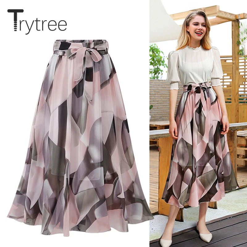 Женская шифоновая юбка с принтом Trytree повседневная трапециевидная до середины