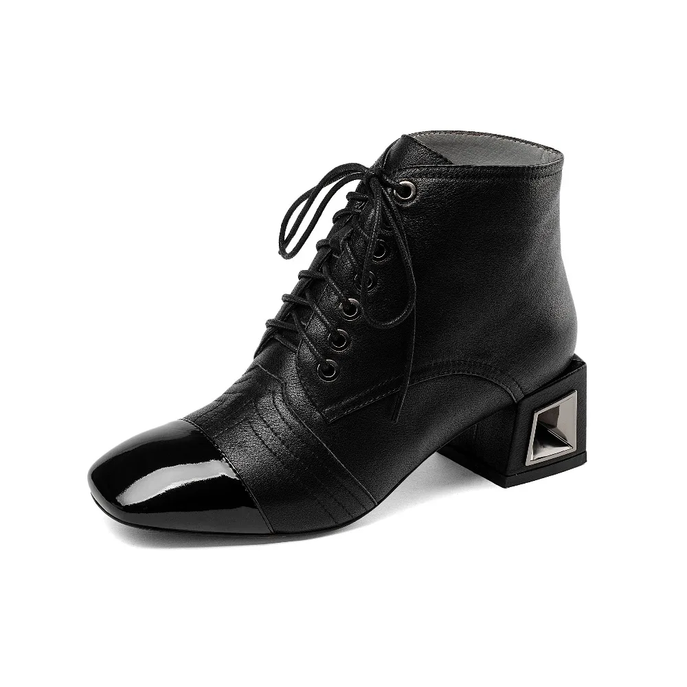 Beli Asli Niat Fashion Wanita Pergelangan Kaki Sepatu Bot Kulit Sapi Ujung Persegi Persegi Sepatu Boots Hitam Putih Sepatu Wanita Ukuran US 3 -10.5