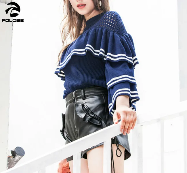 

FOLOBE Hollow out ruffles sweater Women pullover knitted jumper flare sleeve autumn winter female sweater fashion women top