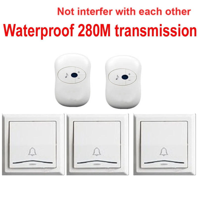 

Door Bell 3 Emitters+2 Receivers Wireless Doorbell Waterproof 280M 36 Melodies Big Size 86 Switch Box Ring Home Office Use
