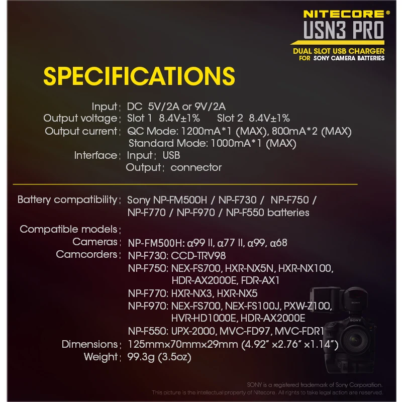 100% оригинал Nitecore USN3 Pro Dual Slot USB QC зарядное устройство для Sony NP FM500H F550 F970 F770 NPF750