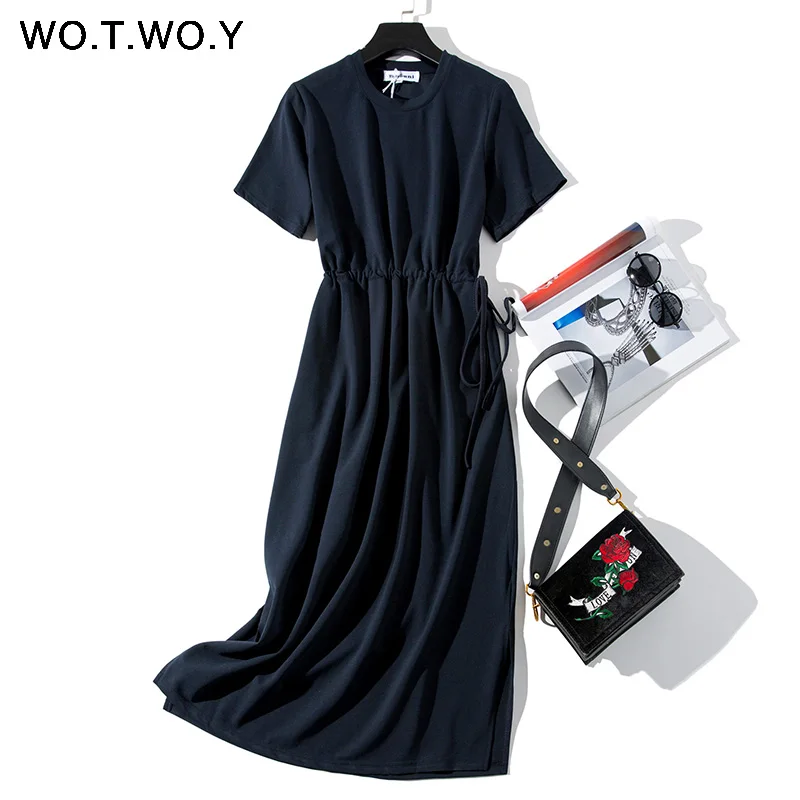 8119Blue WOTWOY длинная футболка Платья женские летние ремни Талия щелевая повседневная с круглым вырезом короткий рукав свободное платье до щиколотки женское розовое Хлопковое платье - Цвет: 8119Blue