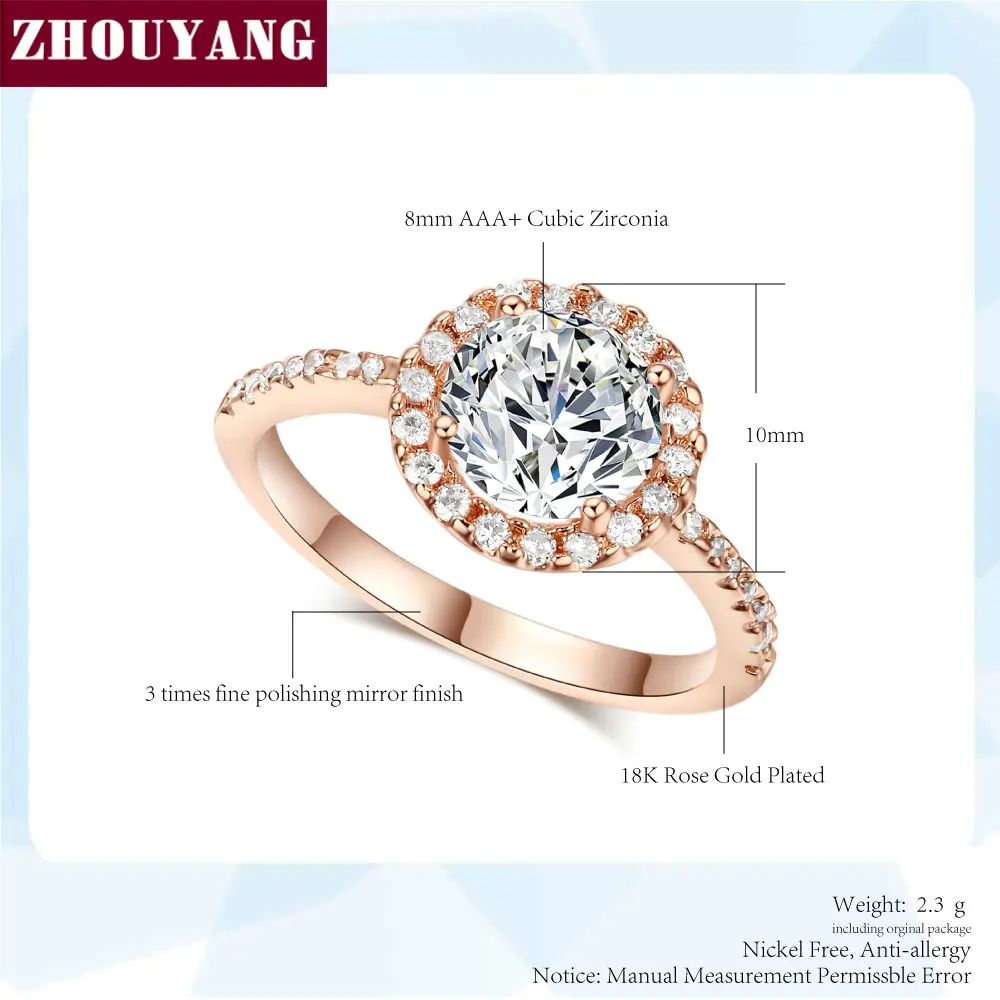 ZHOUYANG, обручальное кольцо для женщин, круглая огранка, кубический цирконий, обручальное, розовое золото, модное ювелирное изделие, подарок для девочки, подруги ZYR319