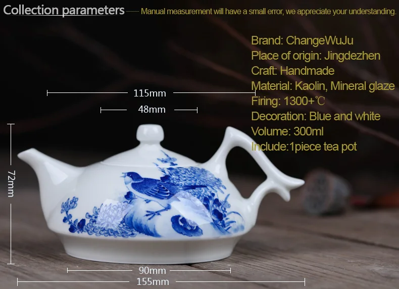Changwuju Jinhdezhen чайник JinHongxia ручная роспись синий и белый заварочный чайник ручной работы чайная посуда с цветком-птица китайская живопись тонкая манера письма