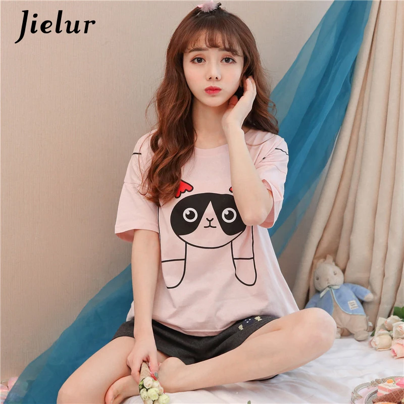 Jielur летние с рисунком кота Для женщин пижамные комплекты короткий рукав